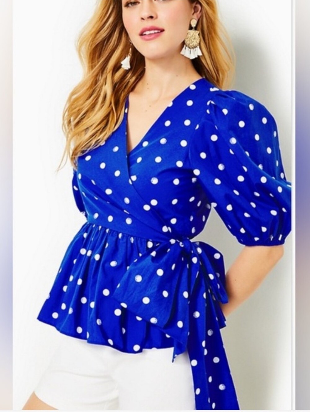Lilly Pulitzer Kara Blue Polka Dot Cotton Wrap Top 0